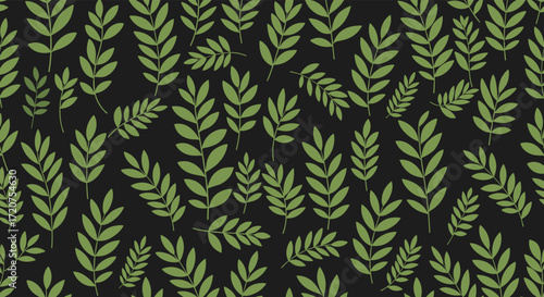 A visually appealing pattern of small green leaves scattered across a black background creating a dark botanical theme.