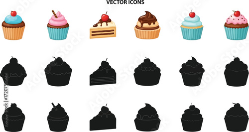 Vector icons set of cupcakes and cake slices with cherry illustration