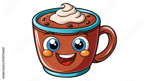 Happy cartoon hot chocolate drink with whipped cream and chocolate chips in a mug vector