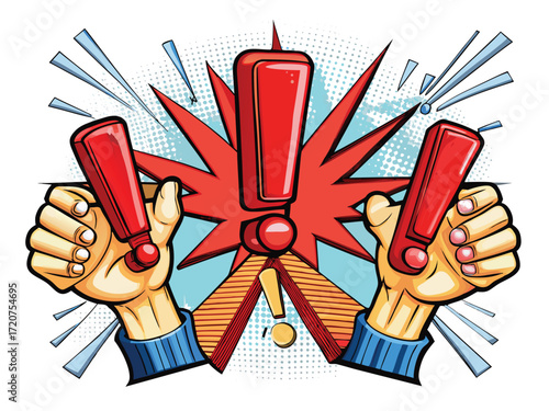 Hands holding red exclamation points with comic style bursts vector
