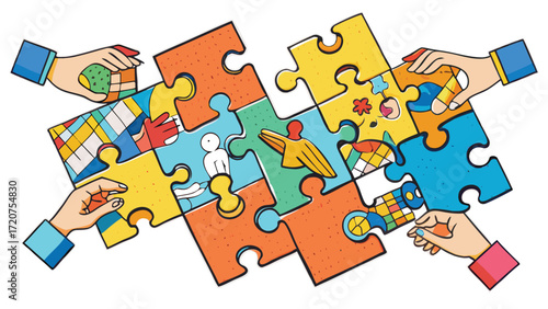 Hands assembling colorful puzzle pieces with abstract figures teamwork collaboration