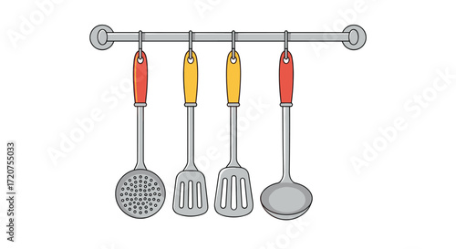 A set of essential kitchen utensils hanging on a rack for easy access during cooking and meal preparation.
