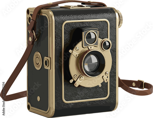 Vintage box camera illustration with leather strap, gold accents, textured body, mechanical lens parts, retro photography equipment design