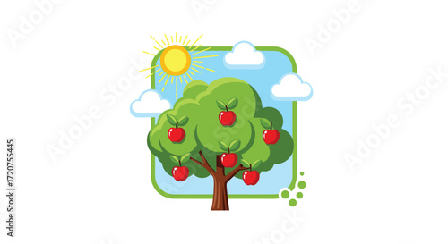 A vibrant apple tree laden with ripe red fruit thrives under a bright sun and blue sky.