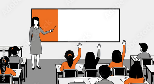 A teacher presenting to a classroom of attentive students, using a whiteboard.