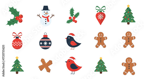 A delightful collection of pixel art christmas elements including trees ornaments and gingerbread cookies.