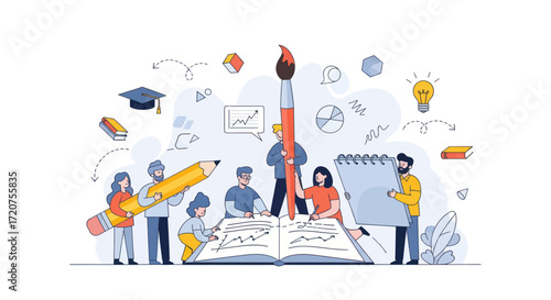 A diverse team collaborates on a creative project, brainstorming around a giant open book with educational icons.
