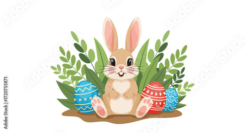 A cute bunny sits among green leaves and colorful easter eggs.
