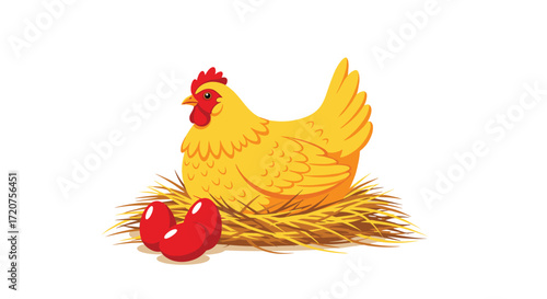 A bright yellow hen rests on a nest of straw with two vibrant red eggs beside it.