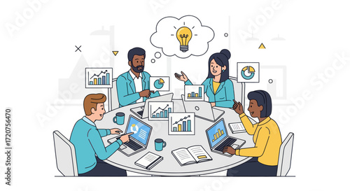 Diverse team brainstorming innovative ideas around a table, analyzing data charts and graphs.