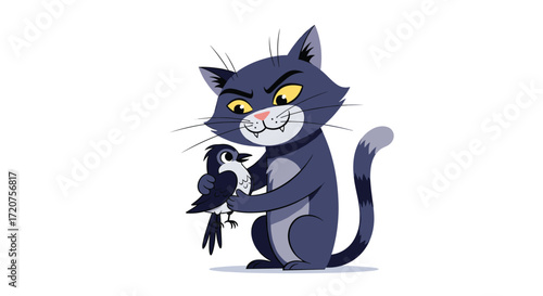 A mischievous cat holds a small bird in its paws and looks at the viewer with bright yellow eyes.