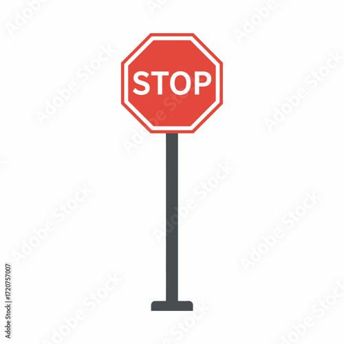 Simple Flat Stop Sign Symbol with Octagonal Shape and Pole Illustration