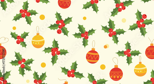 A festive repeating pattern of pixelated holiday ornaments and holly sprigs.