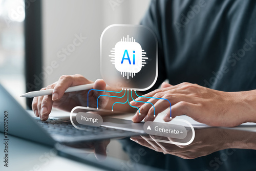 The concept of generative AI technology creating content from user prompts using advanced algorithms. Man interacting with laptop and tablet to generate digital output efficiently.