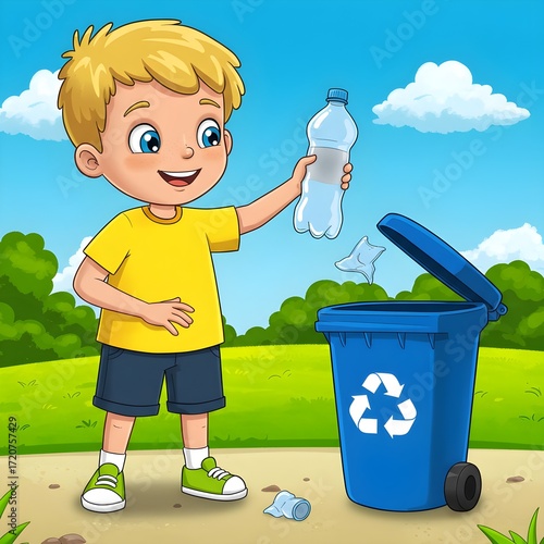 Cartoon child holding a plastic bottle ready to throw into a green or blue trash bin, promoting recycling and environmental awareness.