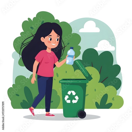 Cartoon child holding a plastic bottle ready to throw into a green or blue trash bin, promoting recycling and environmental awareness.