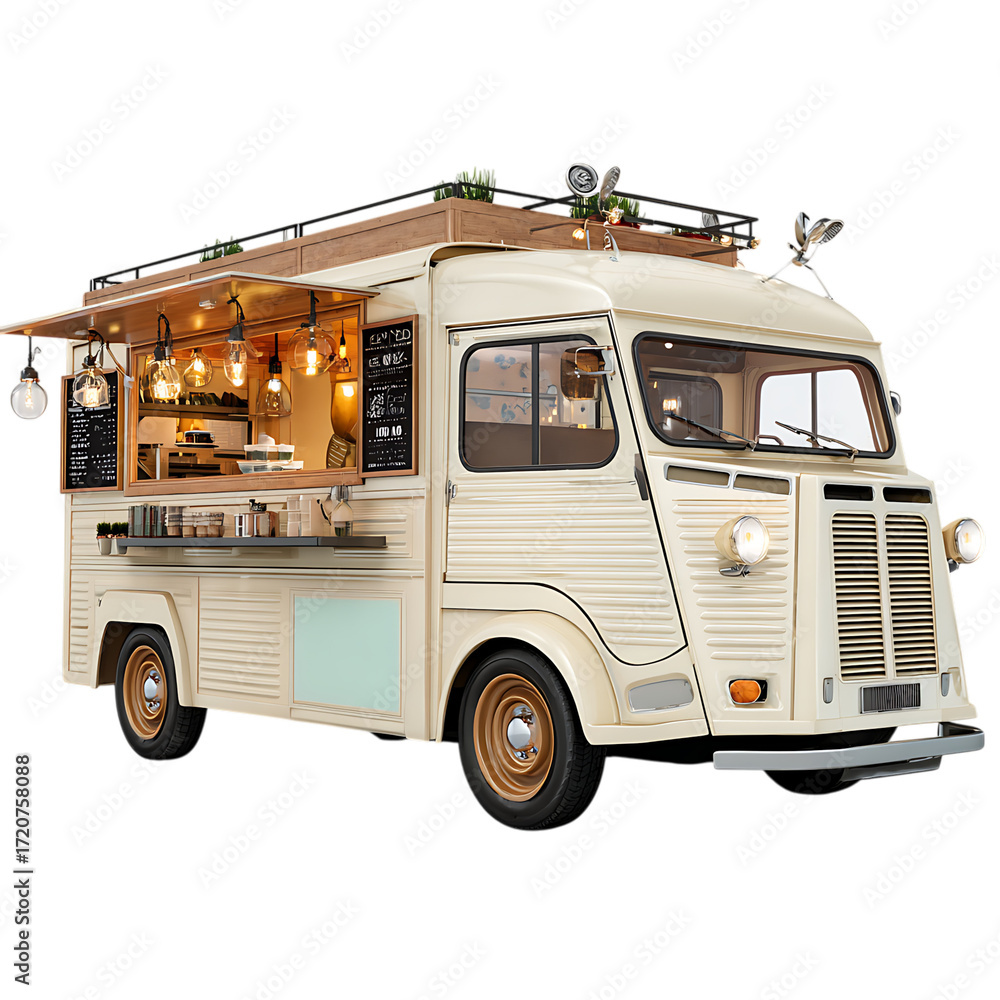 Naklejka premium Vintage food truck illuminated and isolated on transparent background