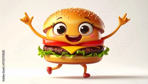 A smiling hamburger with big cartoon eyes, arms and legs dancing happily, isolated on plain white background, cute animation style
