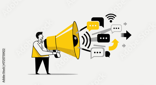 Businessman announces news via megaphone, spreading messages across digital channels.