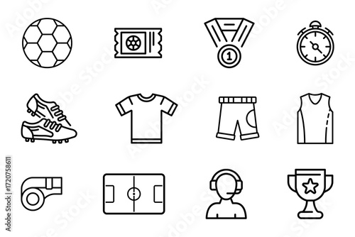 Football elements icon set on white background. Symbol of soccer ball, medal, ticket, shirt, field, referee, whistle, shoes, champion cup. Set vector line icons of soccer element editable