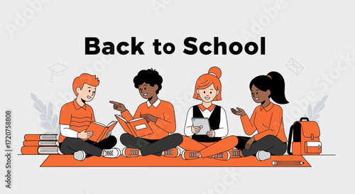 Four diverse children seated on a rug, studying and interacting, representing the "Back to School" theme.