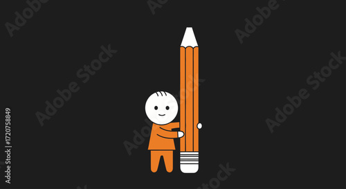 A cartoon figure in orange clothing hugs a large orange pencil with a white tip and gray eraser, against a dark background.