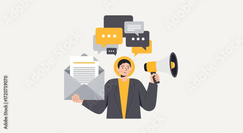 An illustration of a person promoting information with a megaphone and messages.