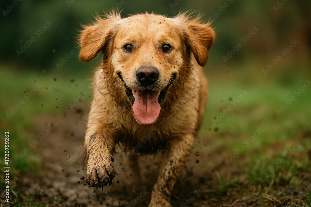 Obraz premium Playful golden retriever runs along muddy path outside, tongue out, enjoying energetic outdoor activity in nature happy dog embraces adventure and fun on a rainy day walk