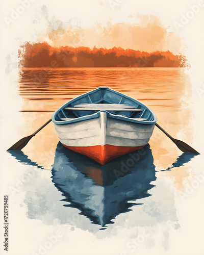 Sticker illustration of a small fishing boat with oars floating on calm water, playful whimsical style with soft pastel tones, flat colors, clean outline, bold lines, and a crisp white border.