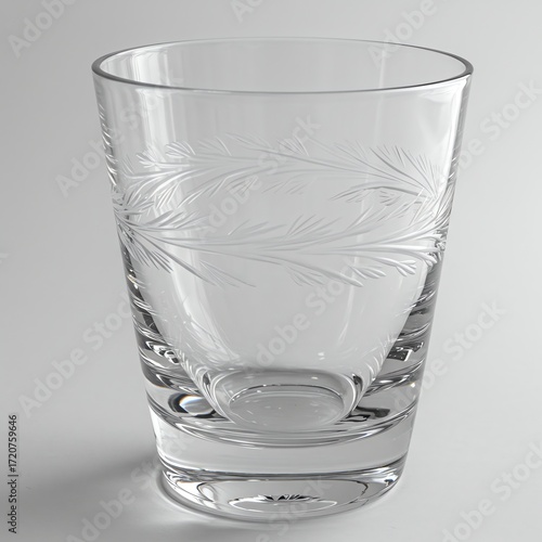Clear glass tumbler with etched floral design with transparent background