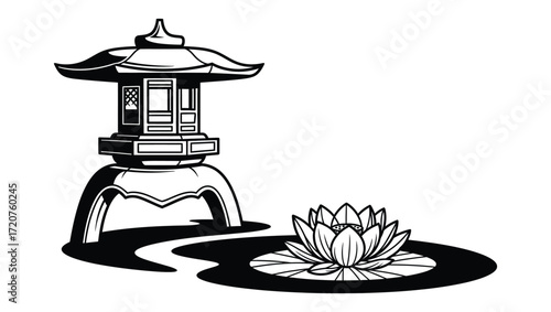Serene Japanese Garden Lantern and Lotus Flower Black and White Illustration