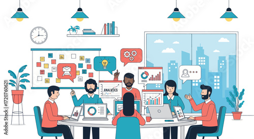 Diverse business team collaborating in a modern office meeting, analyzing data and sharing innovative ideas.