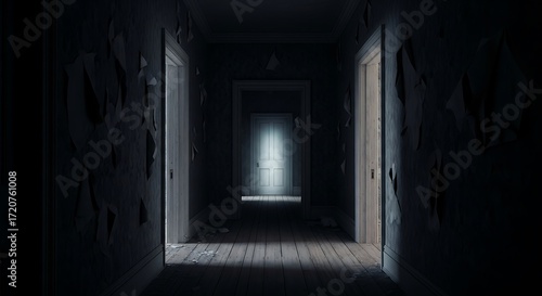 Wallpaper Mural A long, dimly lit hallway, filled with peeling wallpaper, extends into the distance, casting a foreboding atmosphere. Torontodigital.ca