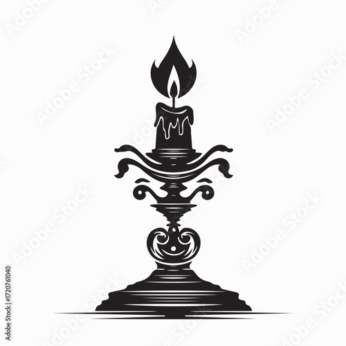 Classic Candle on Candlestick Vector Illustration Vintage Decorative Lighting