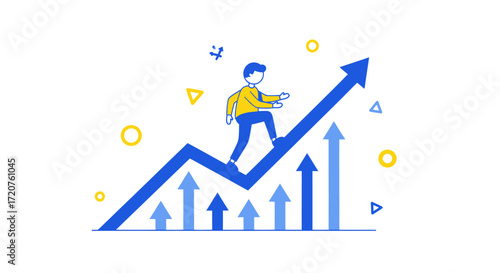 A cartoon person walks upward on a rising graph, symbolizing success and growth.