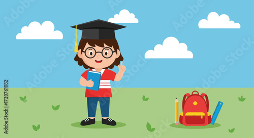 Smiling child in graduation cap, holding book, stands proudly in grassy field with backpack.