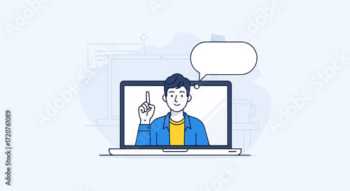 Man on laptop screen, pointing, with empty speech bubble, digital illustration.