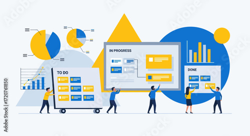 Team collaborating on data visualization and process optimization using charts and diagrams.