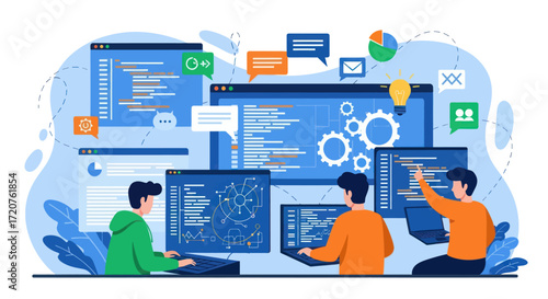 Team of programmers working collaboratively on multiple computer screens, coding and interacting.