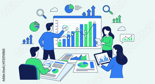 Team analyzing data charts, graphs, and reports for business growth strategy.