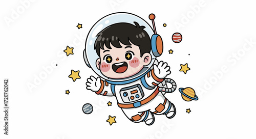 A young astronaut floats in space surrounded by stars and planets with a joyful expression and outstretched arms