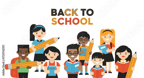 Diverse group of elementary school children holding pencils and books, celebrating the start of school.
