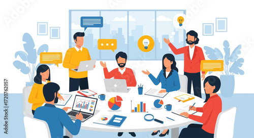 Diverse business team engaged in a collaborative meeting, brainstorming ideas and discussing data around a table.