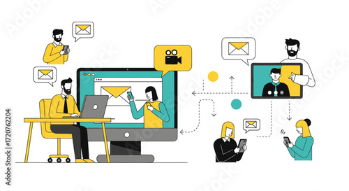 Team collaborating remotely via video conference and email, using technology for communication and project management.