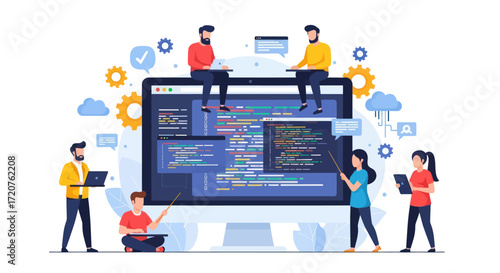 Team of programmers collaboratively developing software, working on code, using laptops and a large monitor.