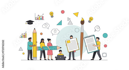 Diverse group of people collaborating on creative projects, holding pencils and notebooks, surrounded by graphic elements.