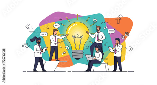 Team brainstorming innovative ideas, collaborating around a giant lightbulb symbolizing a breakthrough solution.