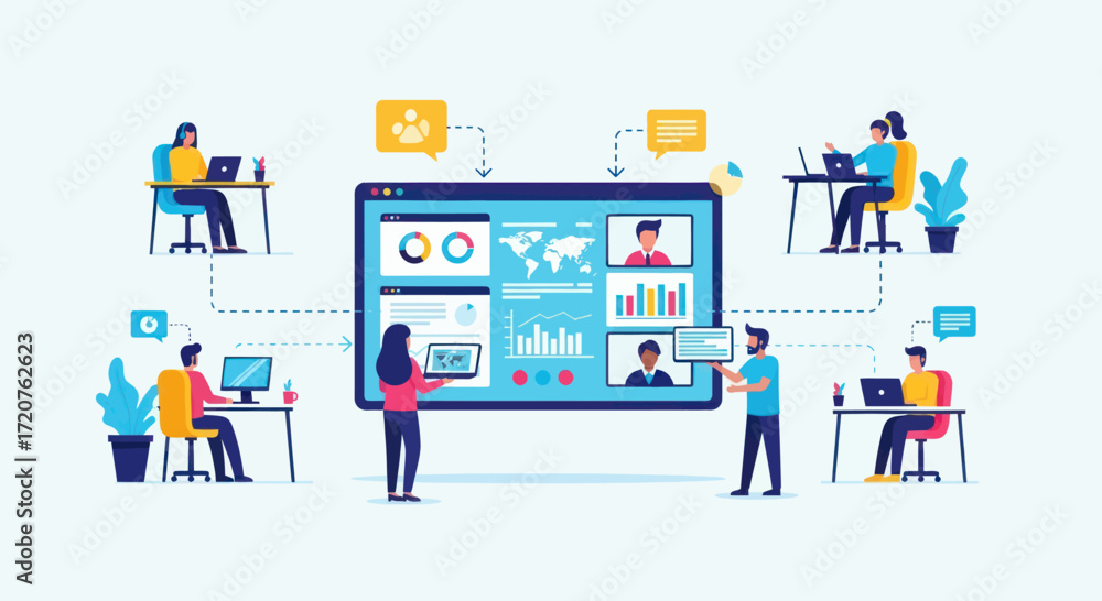 Fototapeta premium Global team collaborates remotely via video conferencing and data sharing.