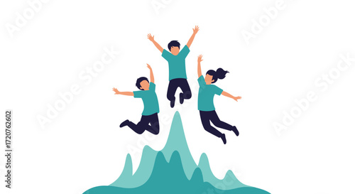 Three joyful children jumping together in the air above green wavy shapes on a white background.