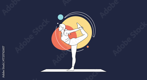 A person performing a graceful yoga pose on a mat with abstract colorful shapes in the background.